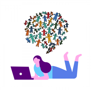 Ilustración de Mara con un ordenador y un bocadillo en el que aparecen muchas siluetas. Representa que una community manager está en contacto con mucha gente.